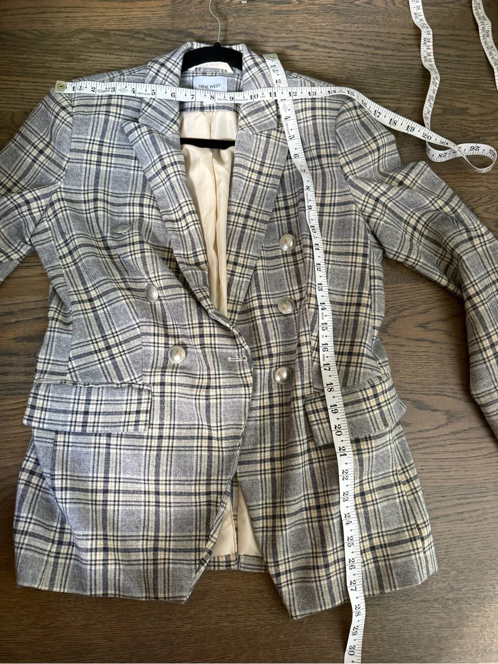 Nine West Gray Plaid Double-Breasted Blazer with silver buttons. XS, like new